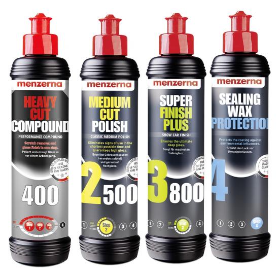 Menzerna 400 - Medium Cut 2500- Super Finish 3800-Sealingwax 250 ml Set