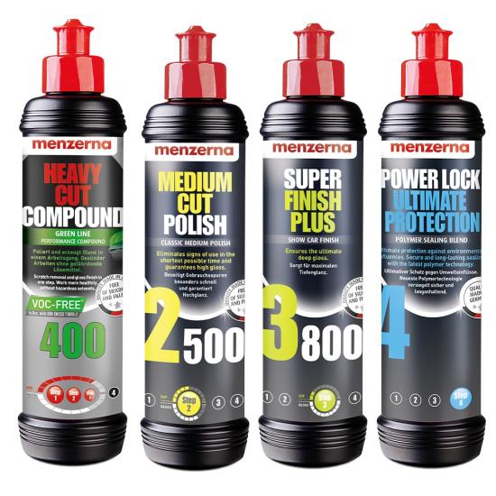 Menzerna Green 400 - Medium Cut 2500- Super Finish 3800-Power Lock 250 ml Set